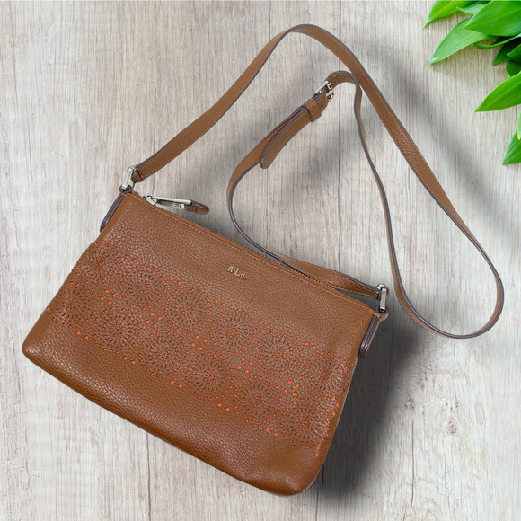 Ralph Lauren LRL Brown Vegan Leather Perforated Crossbody Envelope Bag Purse - Picture 1 of 8